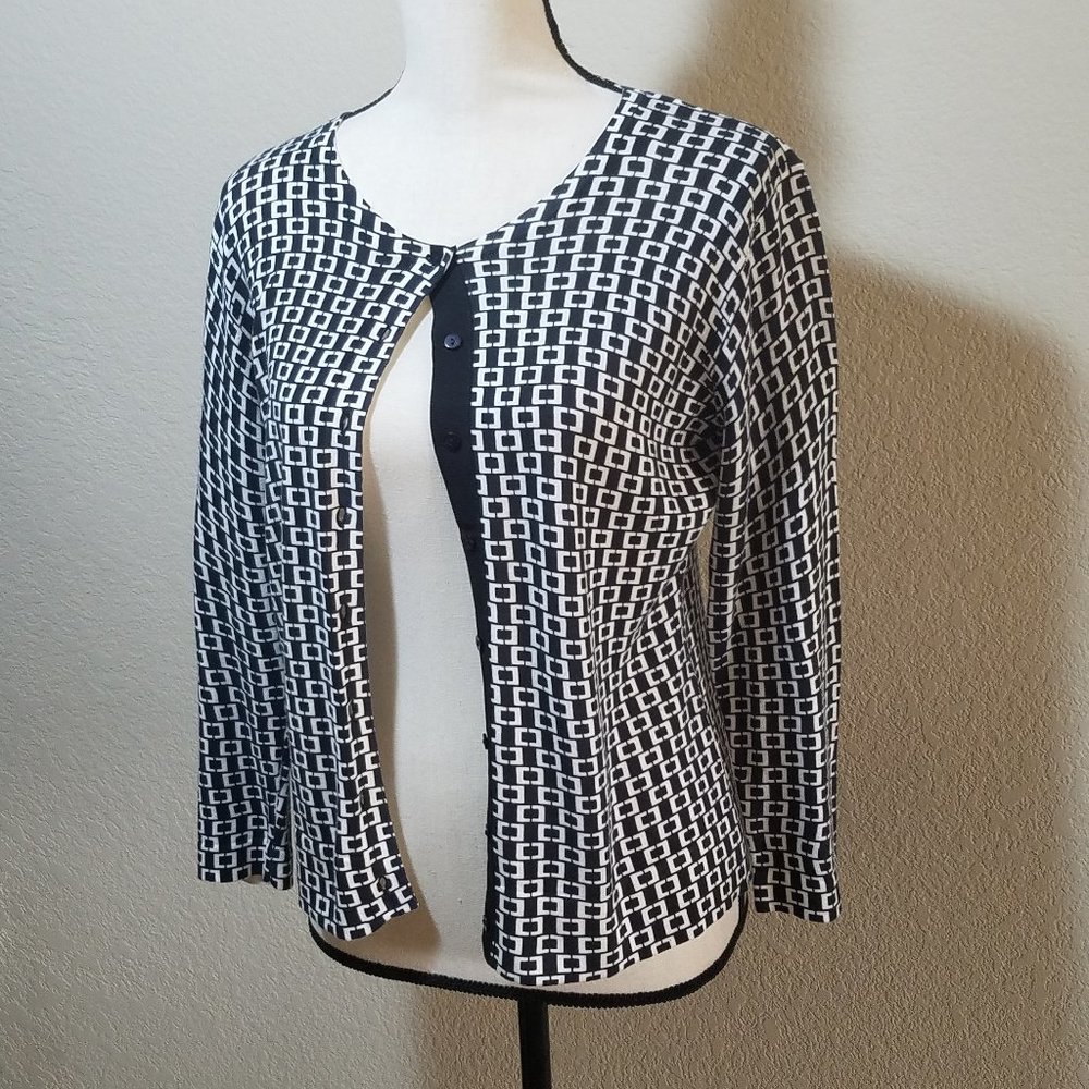 ANN TAYLOR LOFT BLACK WHITE CARDIGAN SWEATER MED - Picture 2 of 5